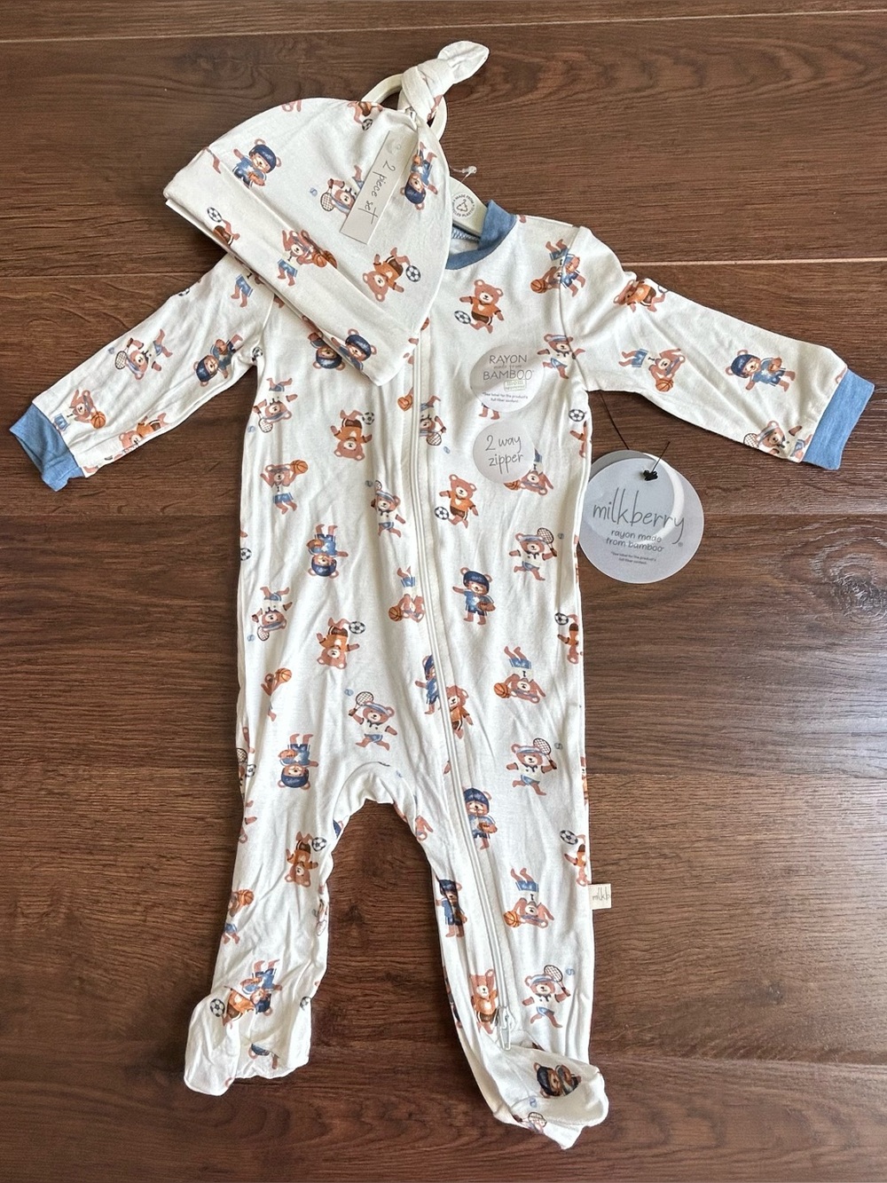 Milkberry Bamboo Footie and Hat Set Sports Bears 0-3m